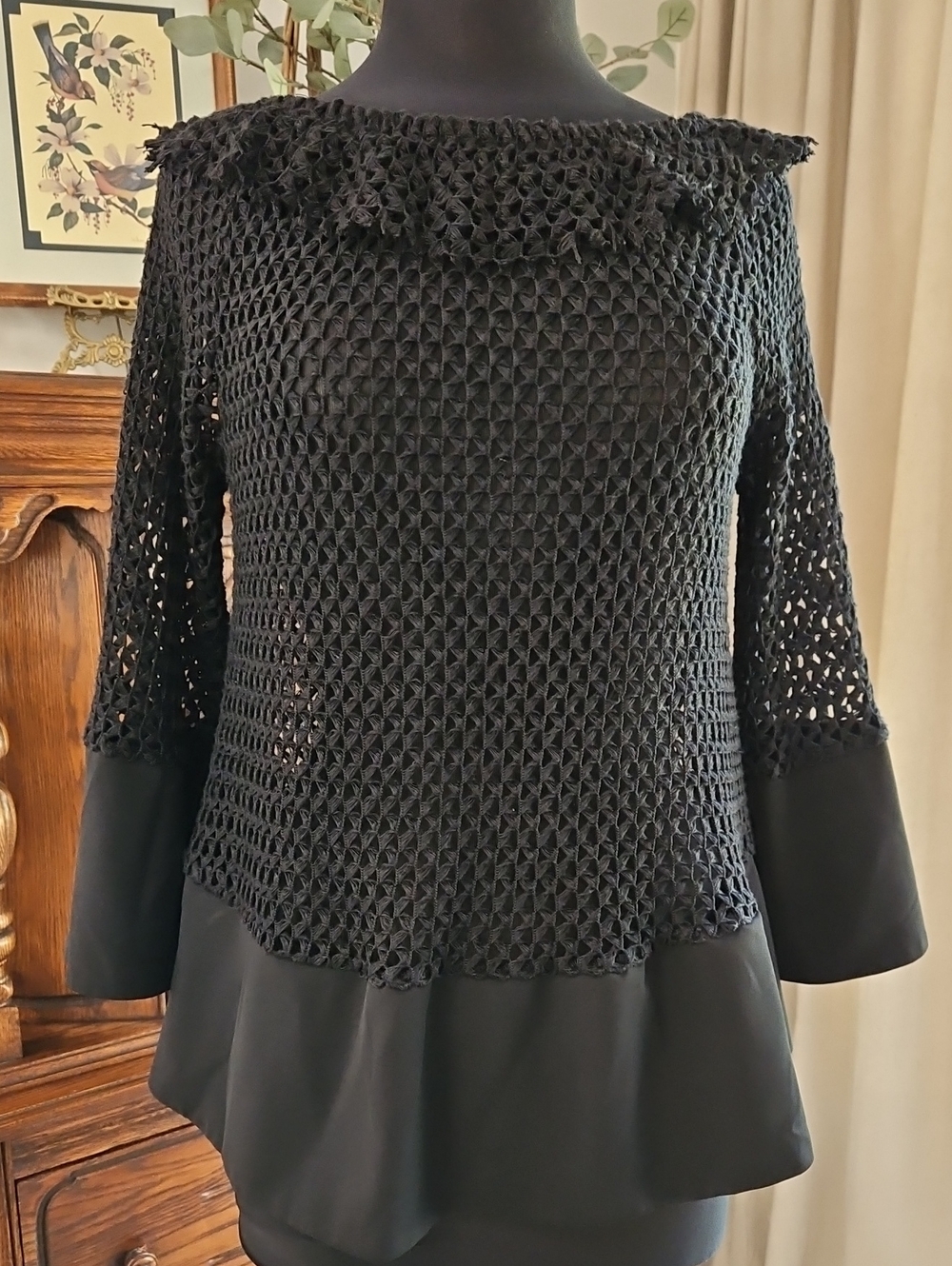 WHY dress Women's Black Crochet Knit Peplum Sleeve Top - Women. Size M